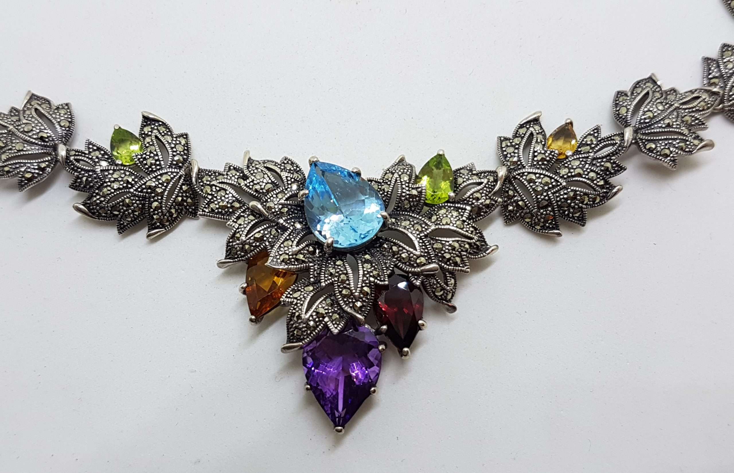 Sterling Silver Marcasite, Topaz, Amethyst, Garnet, Peridot and Citrine Ornate Leaf Collier Necklace / Chain