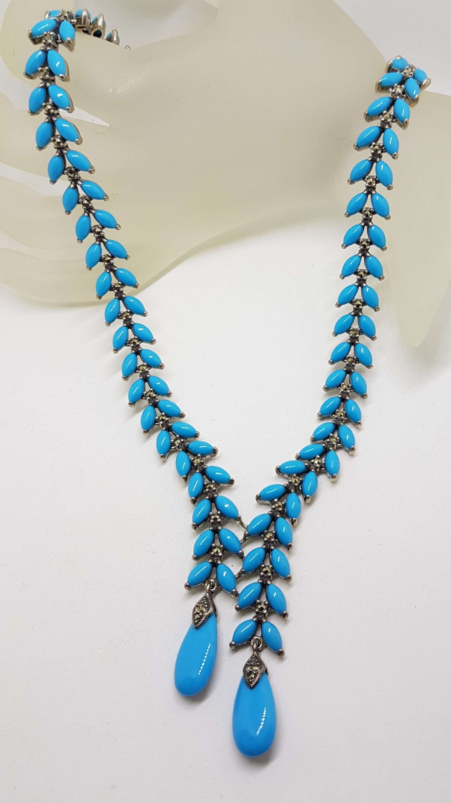 Stunning Sterling Silver Large and Long Reconstituted Turquoise and Marcasite Collier Drop Necklace / Chain