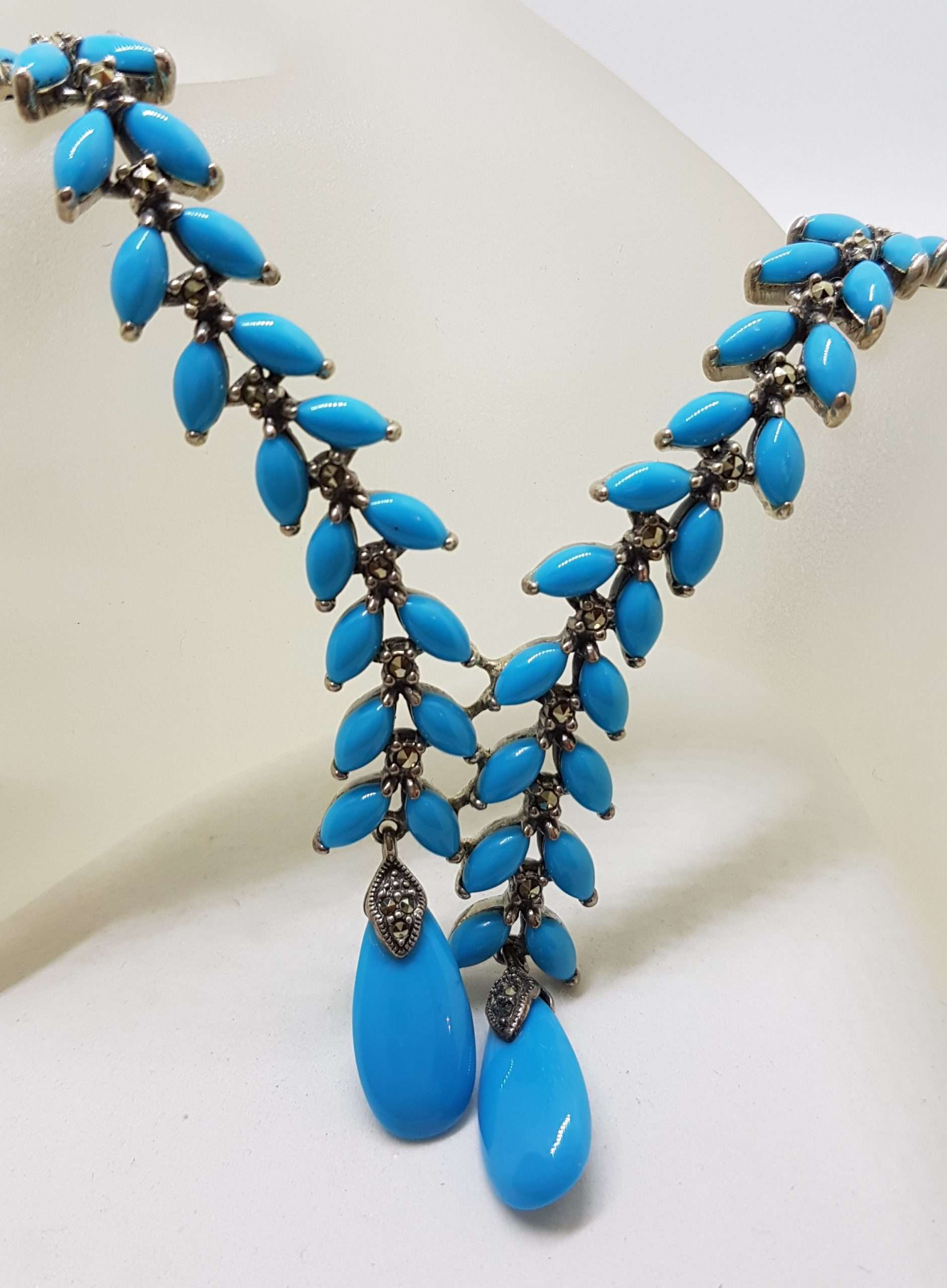 Stunning Sterling Silver Large and Long Reconstituted Turquoise and Marcasite Collier Drop Necklace / Chain