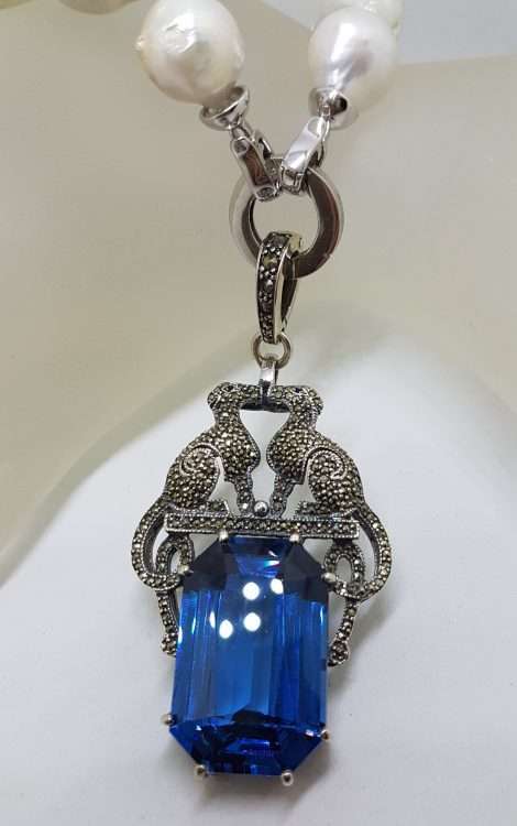 Sterling Silver Large Marcasite Blue Cartier Inspired Cat / Panther / Puma / Leopard Enhancer Pendant on Baroque Pearl Necklace/Chain