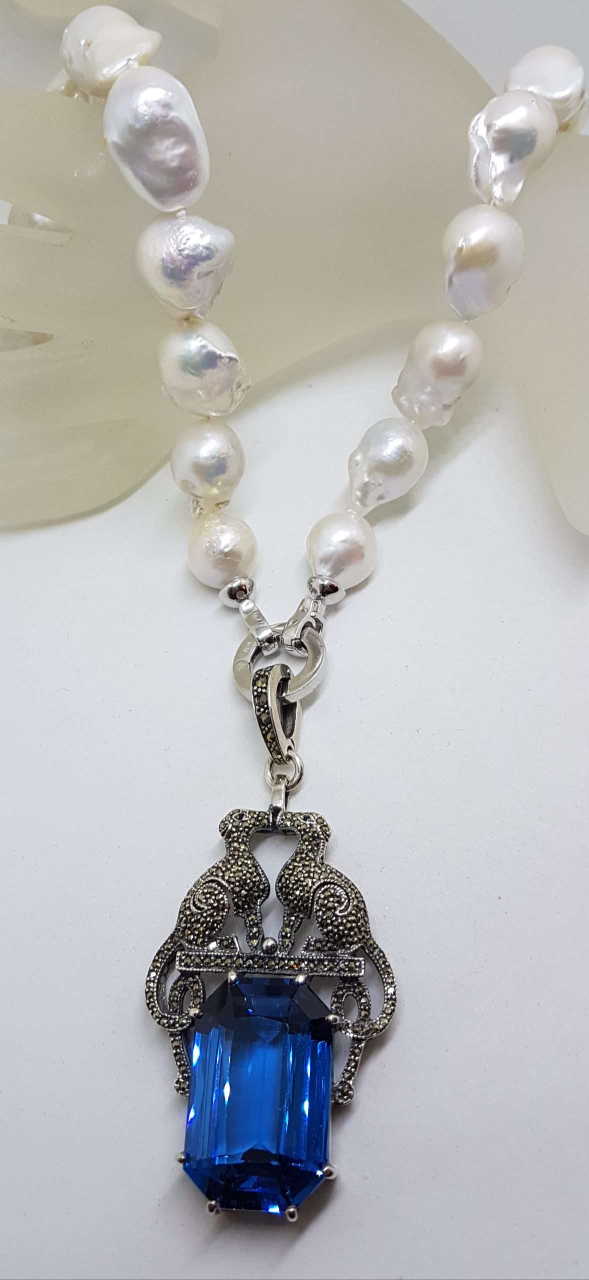 Sterling Silver Large Marcasite Blue Cartier Inspired Cat / Panther / Puma / Leopard Enhancer Pendant on Baroque Pearl Necklace/Chain