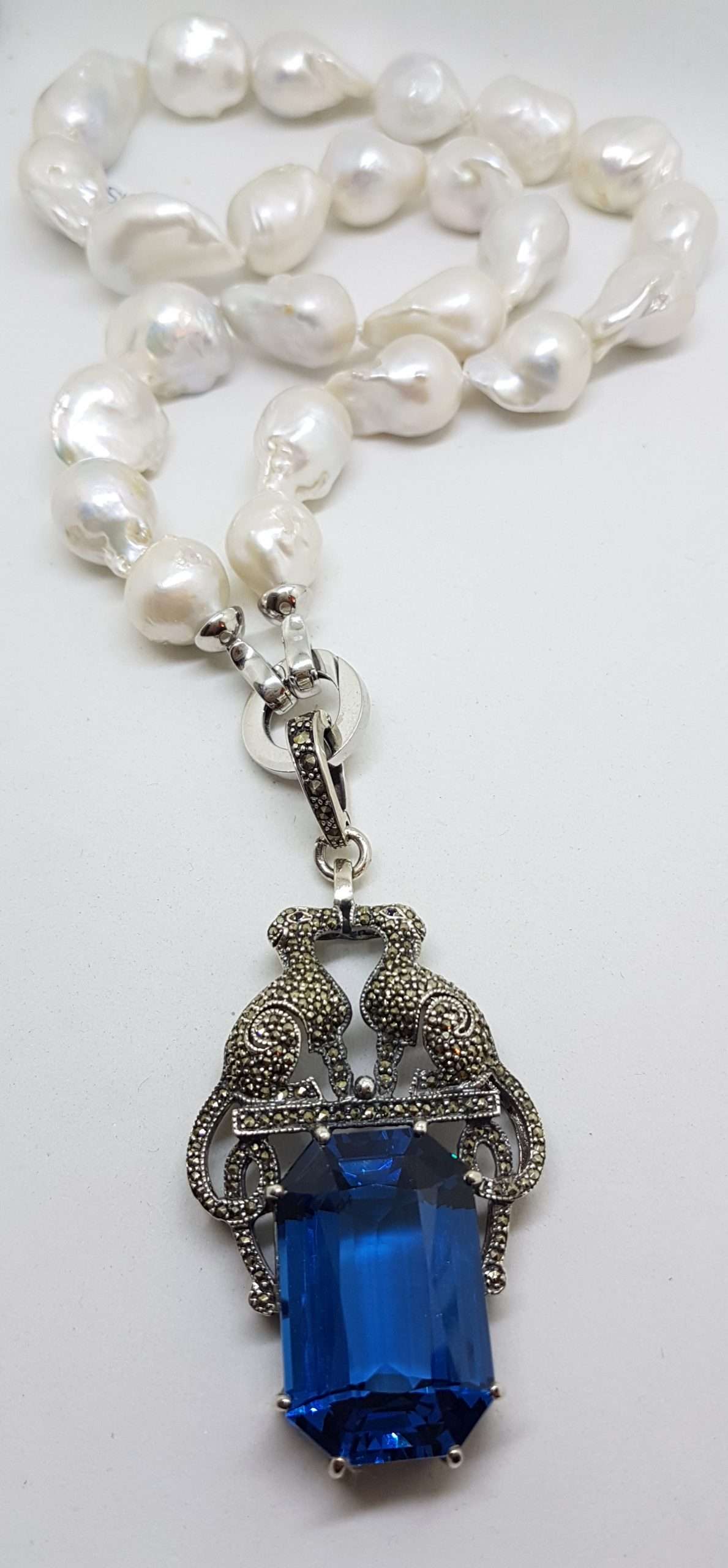 Sterling Silver Large Marcasite Blue Cartier Inspired Cat / Panther / Puma / Leopard Enhancer Pendant on Baroque Pearl Necklace/Chain