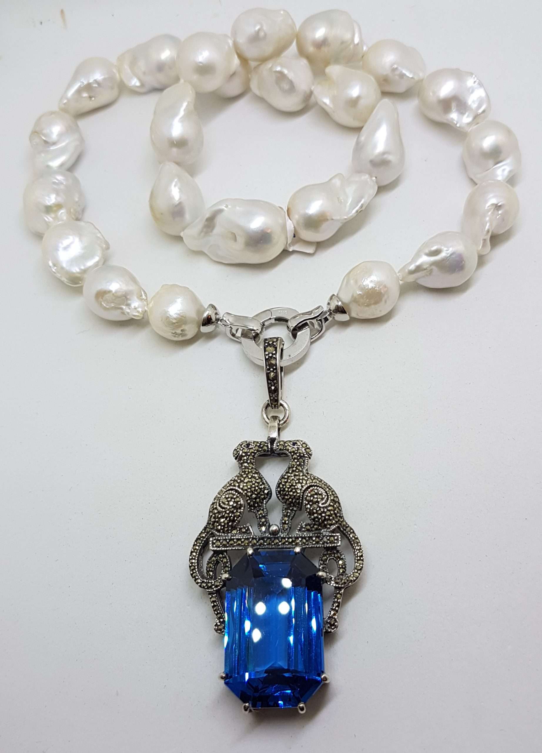 Sterling Silver Large Marcasite Blue Cartier Inspired Cat / Panther / Puma / Leopard Enhancer Pendant on Baroque Pearl Necklace/Chain