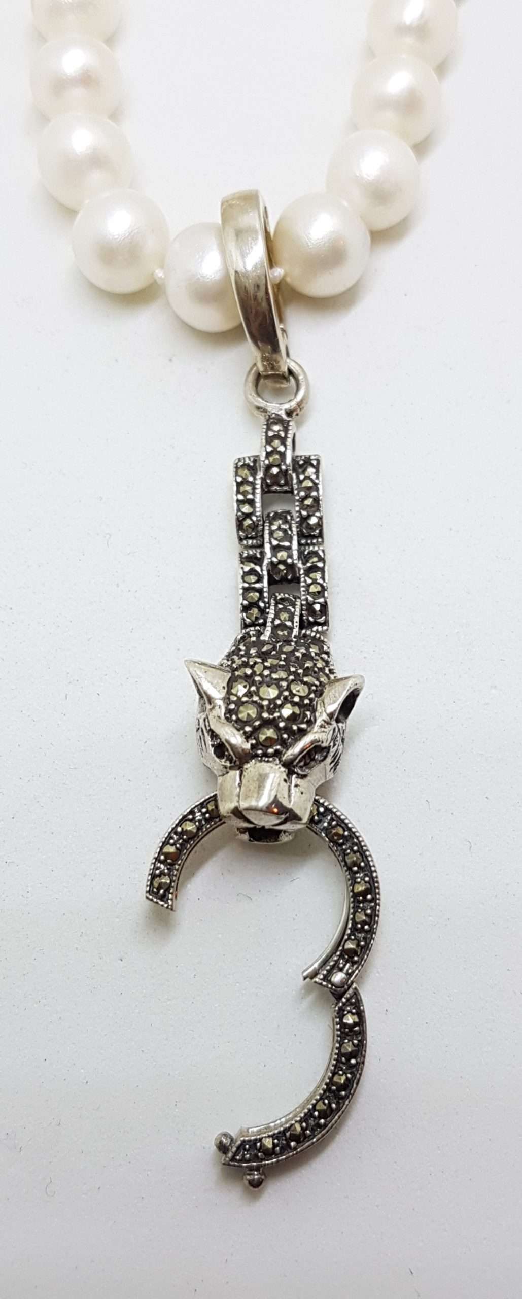 20200915_210531 Sterling Silver Long Marcasite Puma / Cat / Panther / Leopard Head Drop Enhancer Pendant on Pearl Chain / Necklace