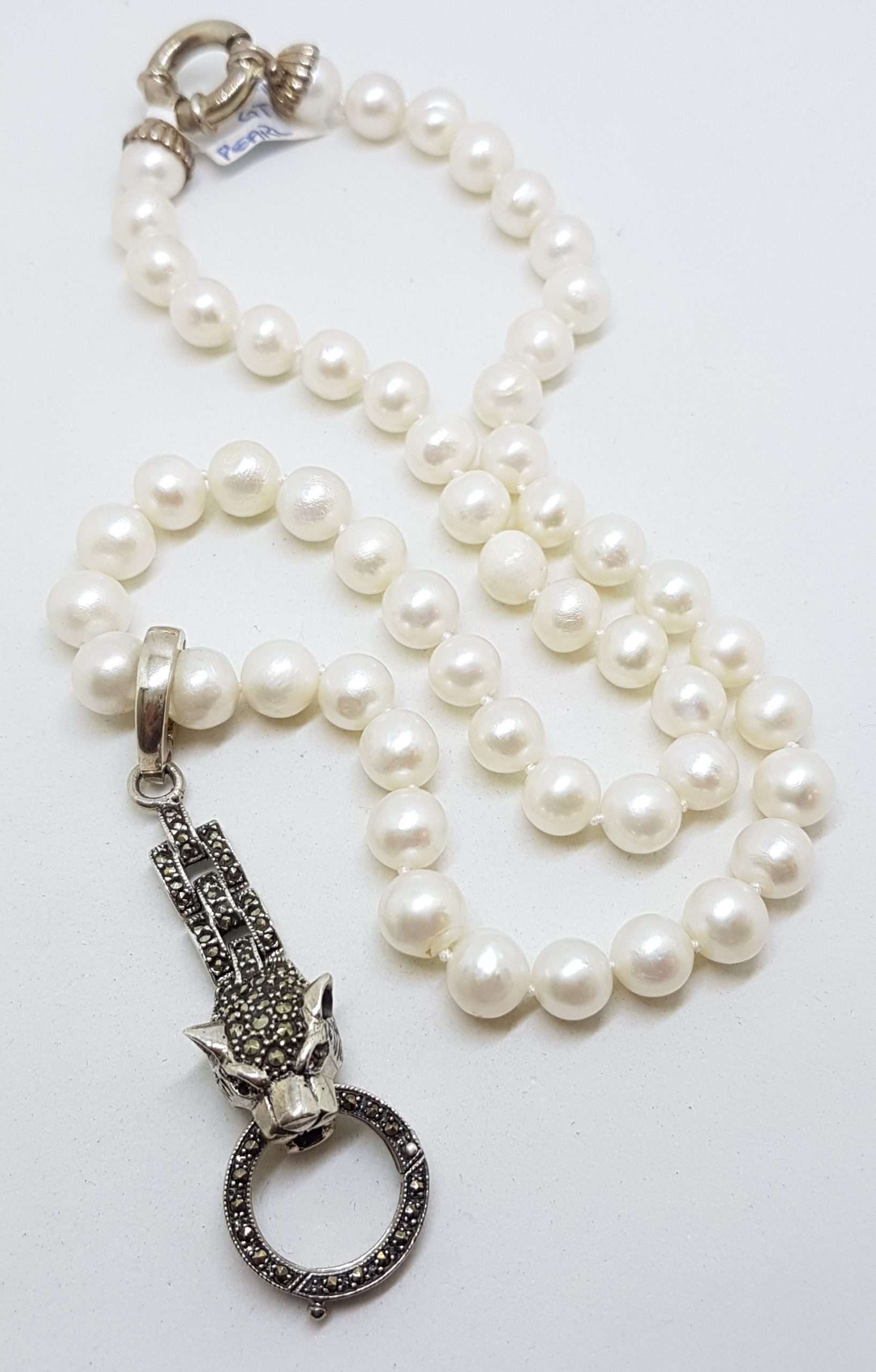20200915_210547 Sterling Silver Long Marcasite Puma / Cat / Panther / Leopard Head Drop Enhancer Pendant on Pearl Chain / Necklace