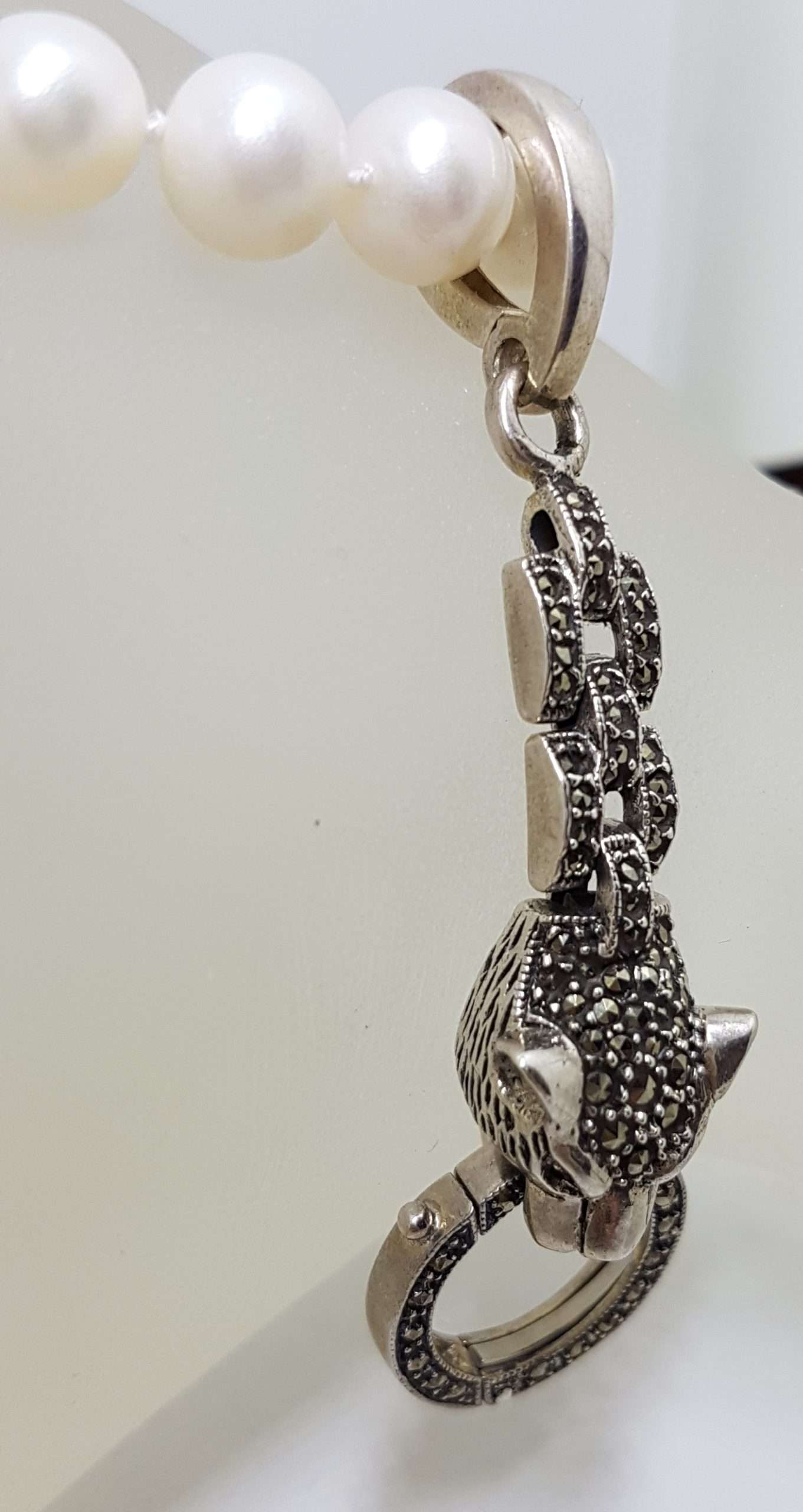 20200915_210608 Sterling Silver Long Marcasite Puma / Cat / Panther / Leopard Head Drop Enhancer Pendant on Pearl Chain / Necklace