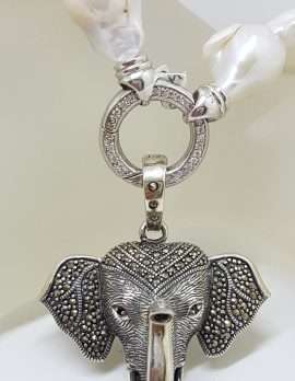 Sterling Silver Large Marcasite Elephant Head Enhancer Pendant on Thick White Baroque Pearl Chain / Necklace