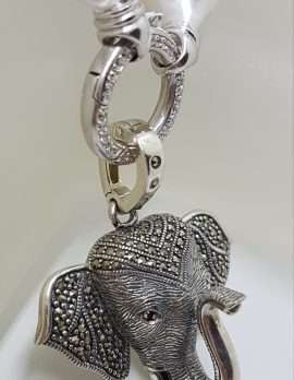 Sterling Silver Large Marcasite Elephant Head Enhancer Pendant on Thick White Baroque Pearl Chain / Necklace