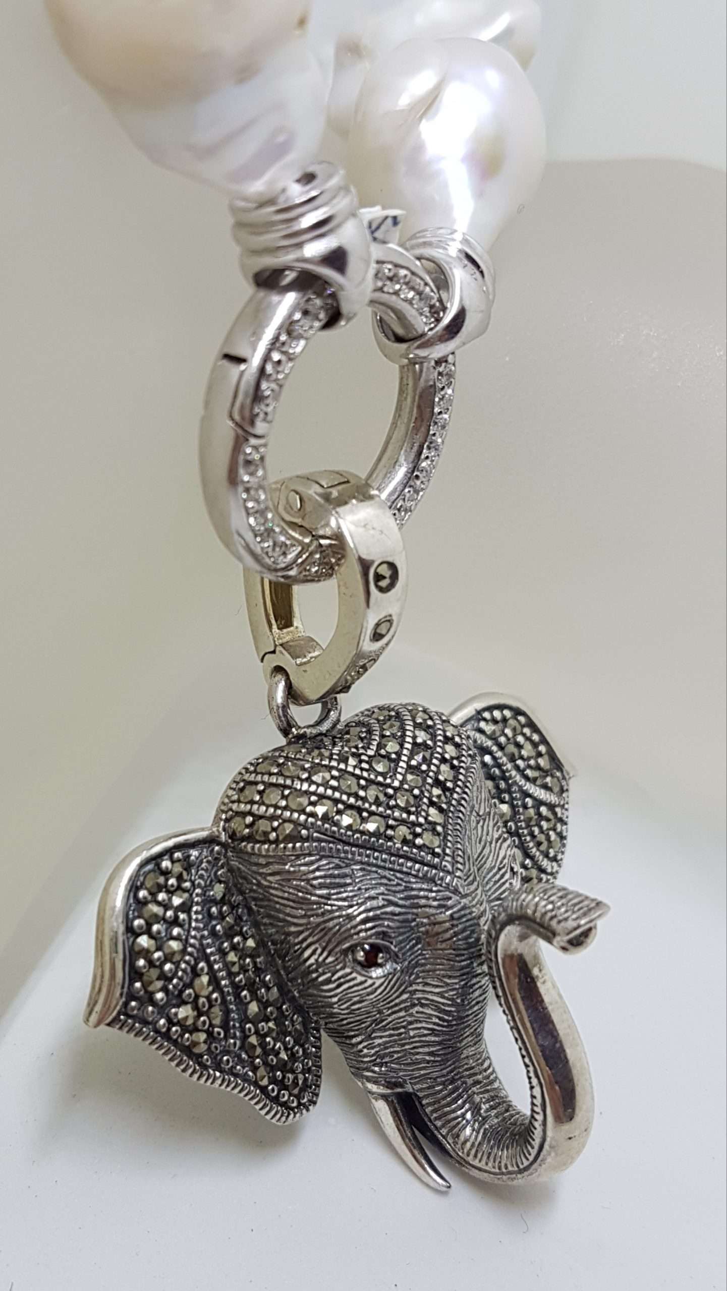 20200915_210727 Sterling Silver Large Marcasite Elephant Head Enhancer Pendant on Thick White Baroque Pearl Chain / Necklace