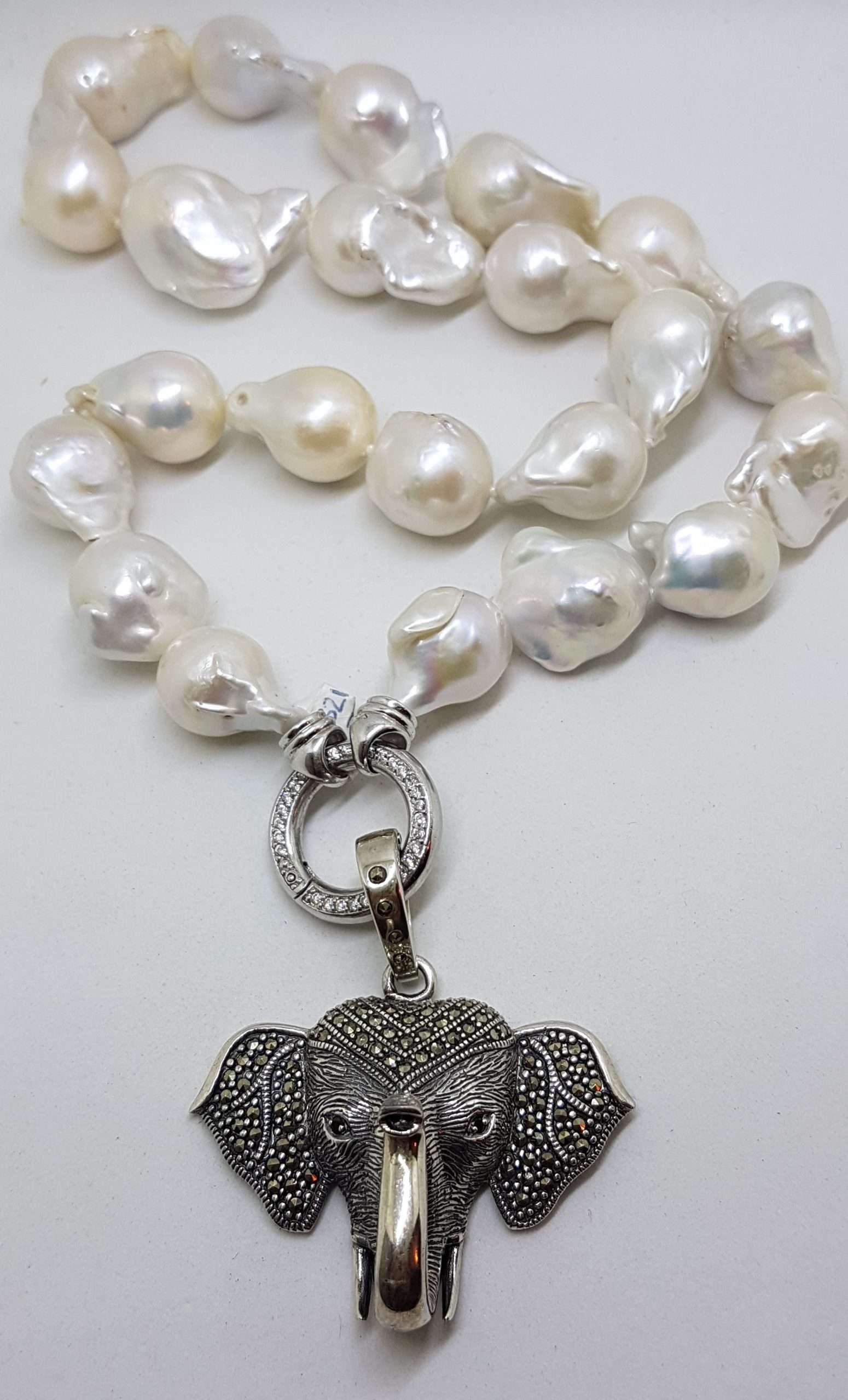 20200915_211156 Sterling Silver Large Marcasite Elephant Head Enhancer Pendant on Thick White Baroque Pearl Chain / Necklace