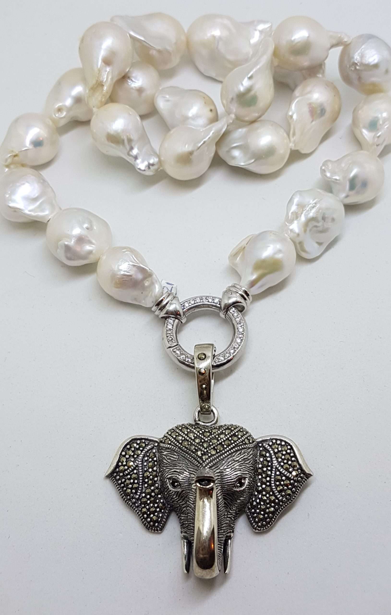 20200915_211312 Sterling Silver Large Marcasite Elephant Head Enhancer Pendant on Thick White Baroque Pearl Chain / Necklace