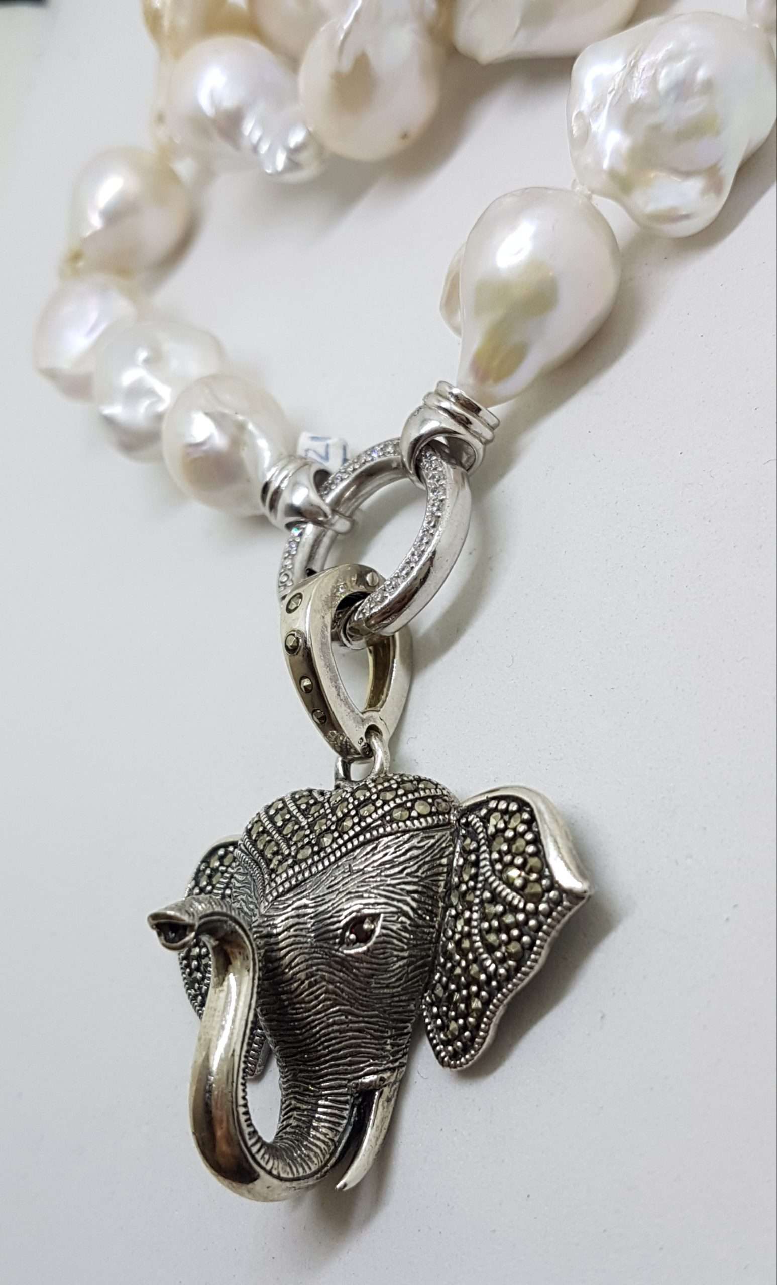20200915_211330 Sterling Silver Large Marcasite Elephant Head Enhancer Pendant on Thick White Baroque Pearl Chain / Necklace