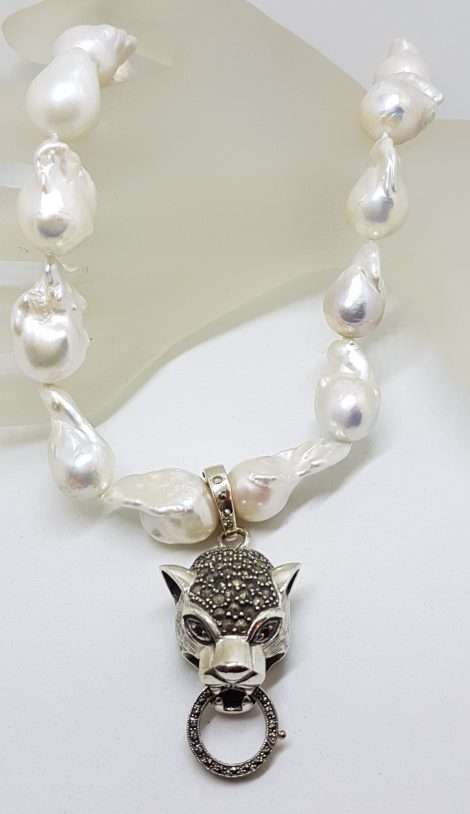 Sterling Silver Large Marcasite Puma / Cat / Panther / Leopard Head Enhancer Pendant on Thick White Baroque Pearl Chain / Necklace