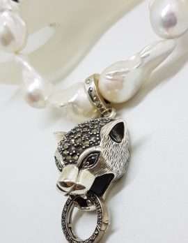 Sterling Silver Large Marcasite Puma / Cat / Panther / Leopard Head Enhancer Pendant on Thick White Baroque Pearl Chain / Necklace