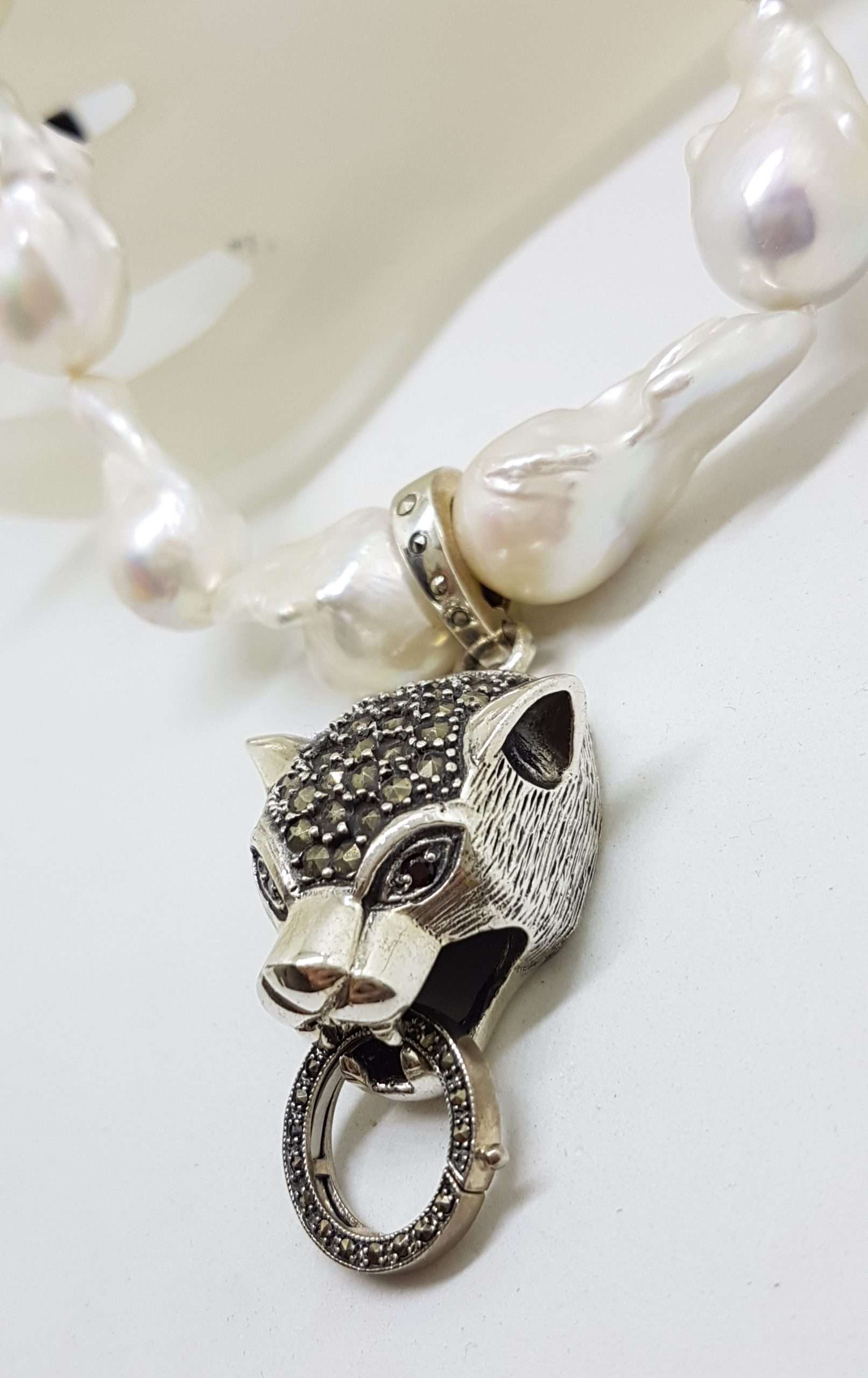 20200915_211403 Sterling Silver Large Marcasite Puma / Cat / Panther / Leopard Head Enhancer Pendant on Thick White Baroque Pearl Chain / Necklace