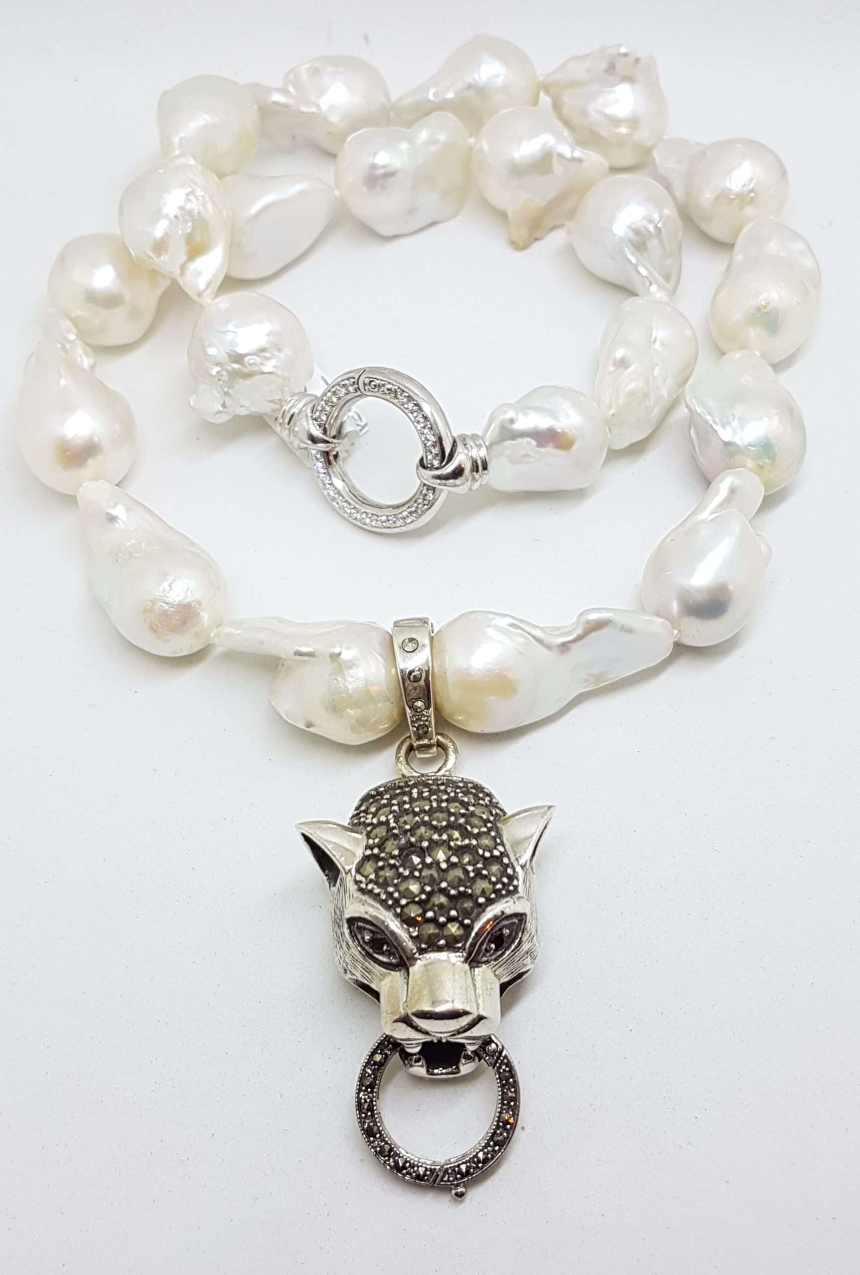 20200915_211422 Sterling Silver Large Marcasite Puma / Cat / Panther / Leopard Head Enhancer Pendant on Thick White Baroque Pearl Chain / Necklace