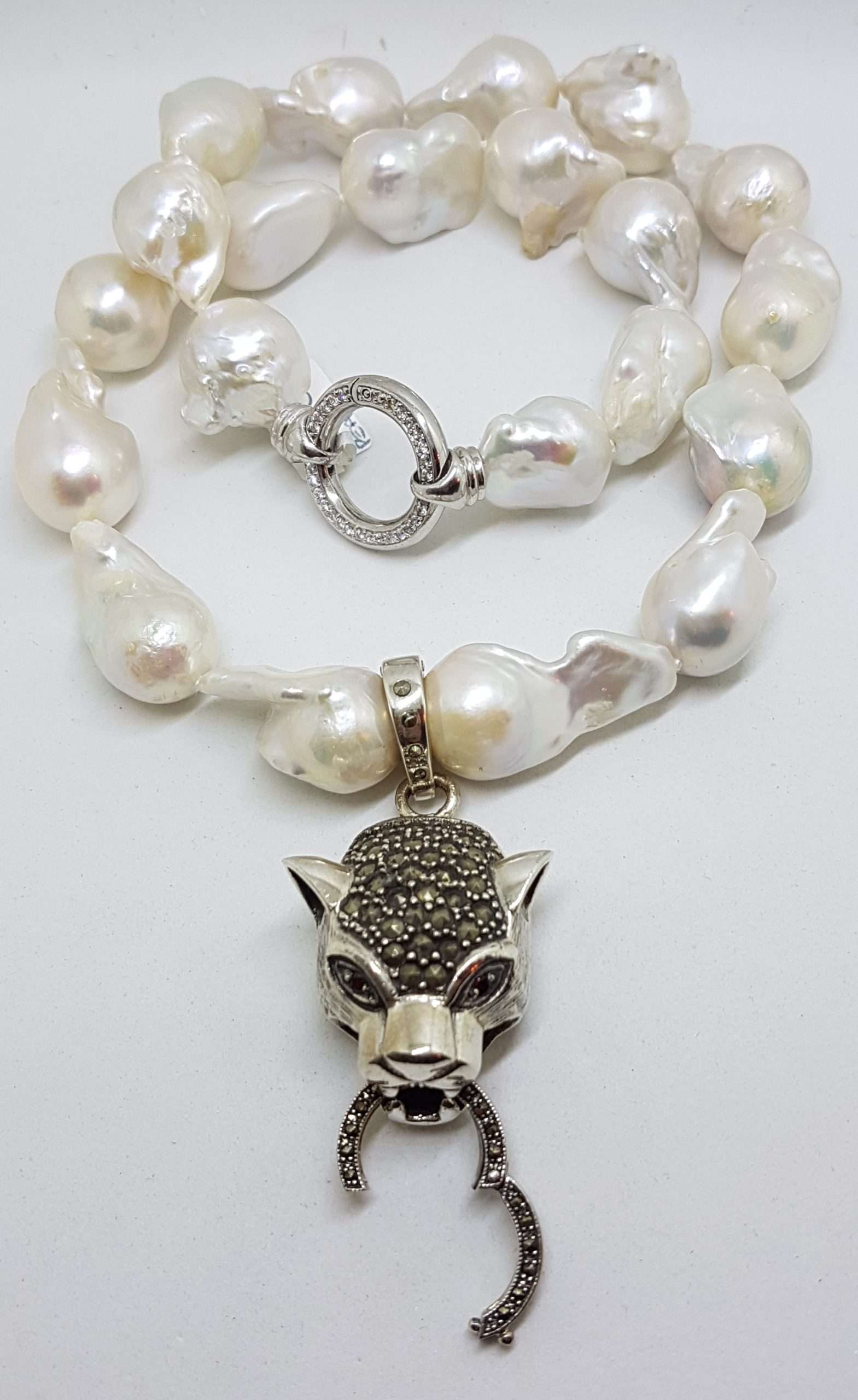 20200915_211436 Sterling Silver Large Marcasite Puma / Cat / Panther / Leopard Head Enhancer Pendant on Thick White Baroque Pearl Chain / Necklace