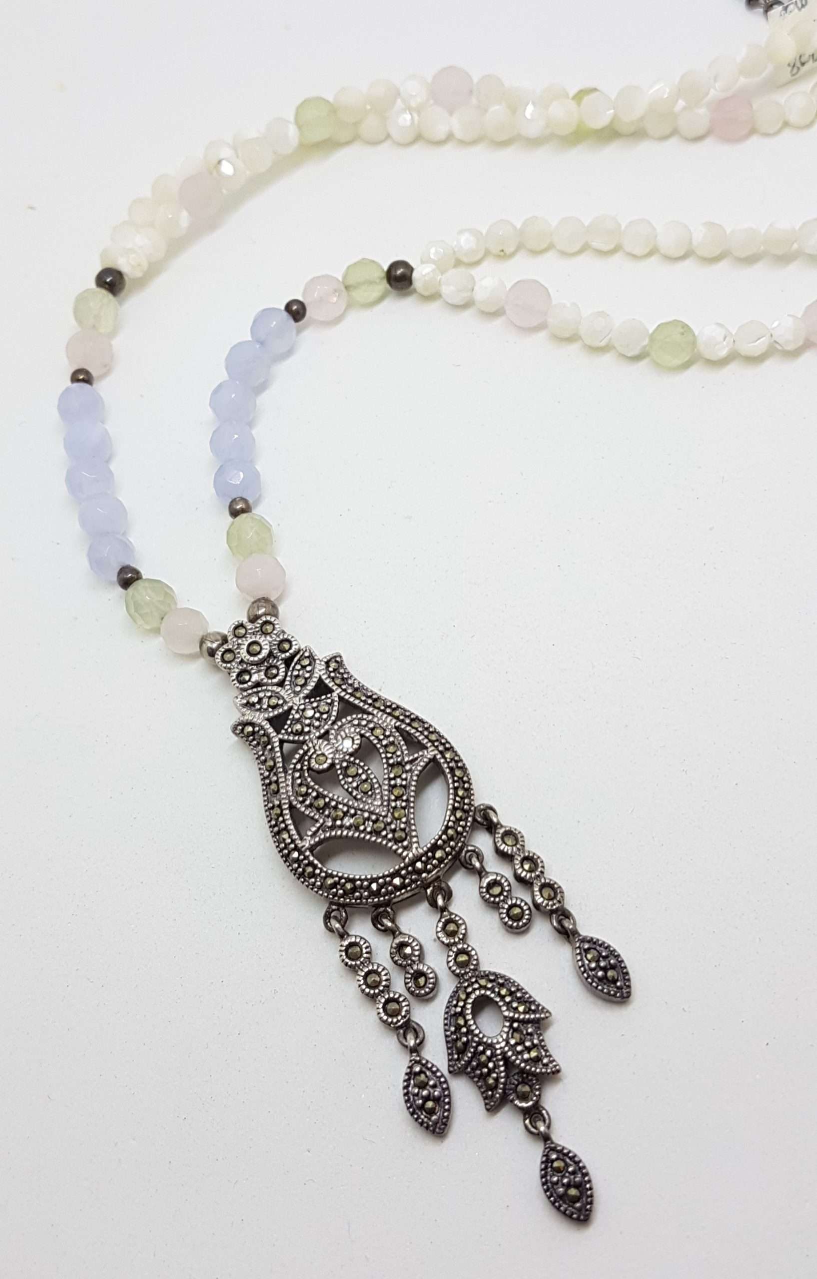 20200915_211451 Sterling Silver Large Ornate Filigree Marcasite Pendant Attached to Blue and White Bead Necklace / Chain