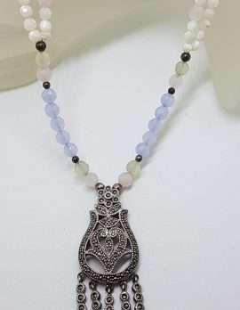 Sterling Silver Large Ornate Filigree Marcasite Pendant Attached to Blue and White Bead Necklace / Chain