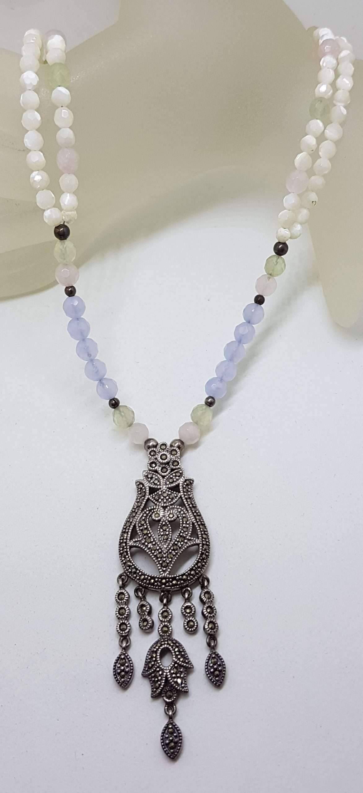 20200915_211518 Sterling Silver Large Ornate Filigree Marcasite Pendant Attached to Blue and White Bead Necklace / Chain