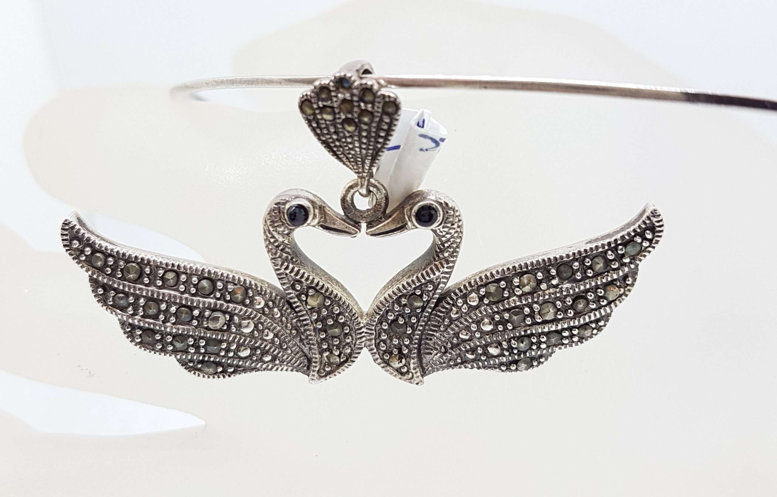 Sterling Silver Marcasite Two Swan Bird Pendant on Silver Choker