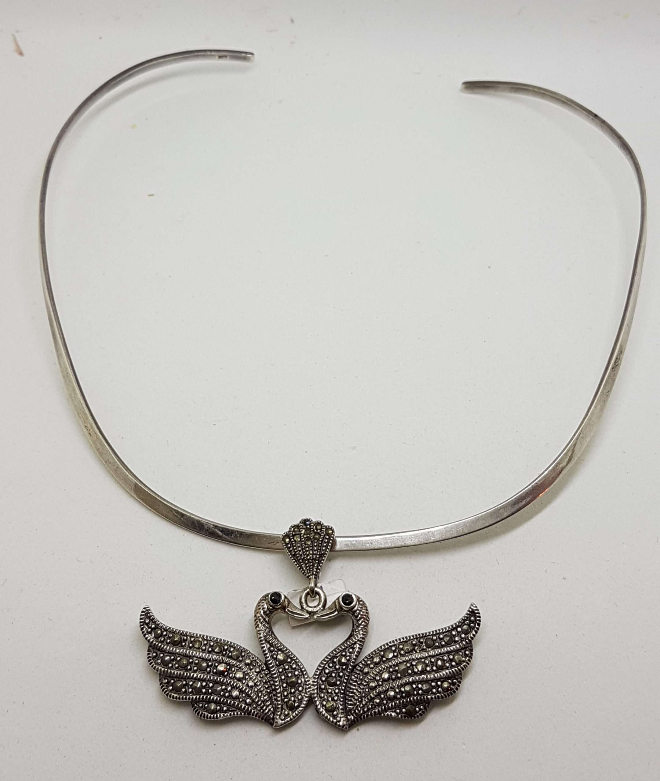 Sterling Silver Marcasite Two Swan Bird Pendant on Silver Choker