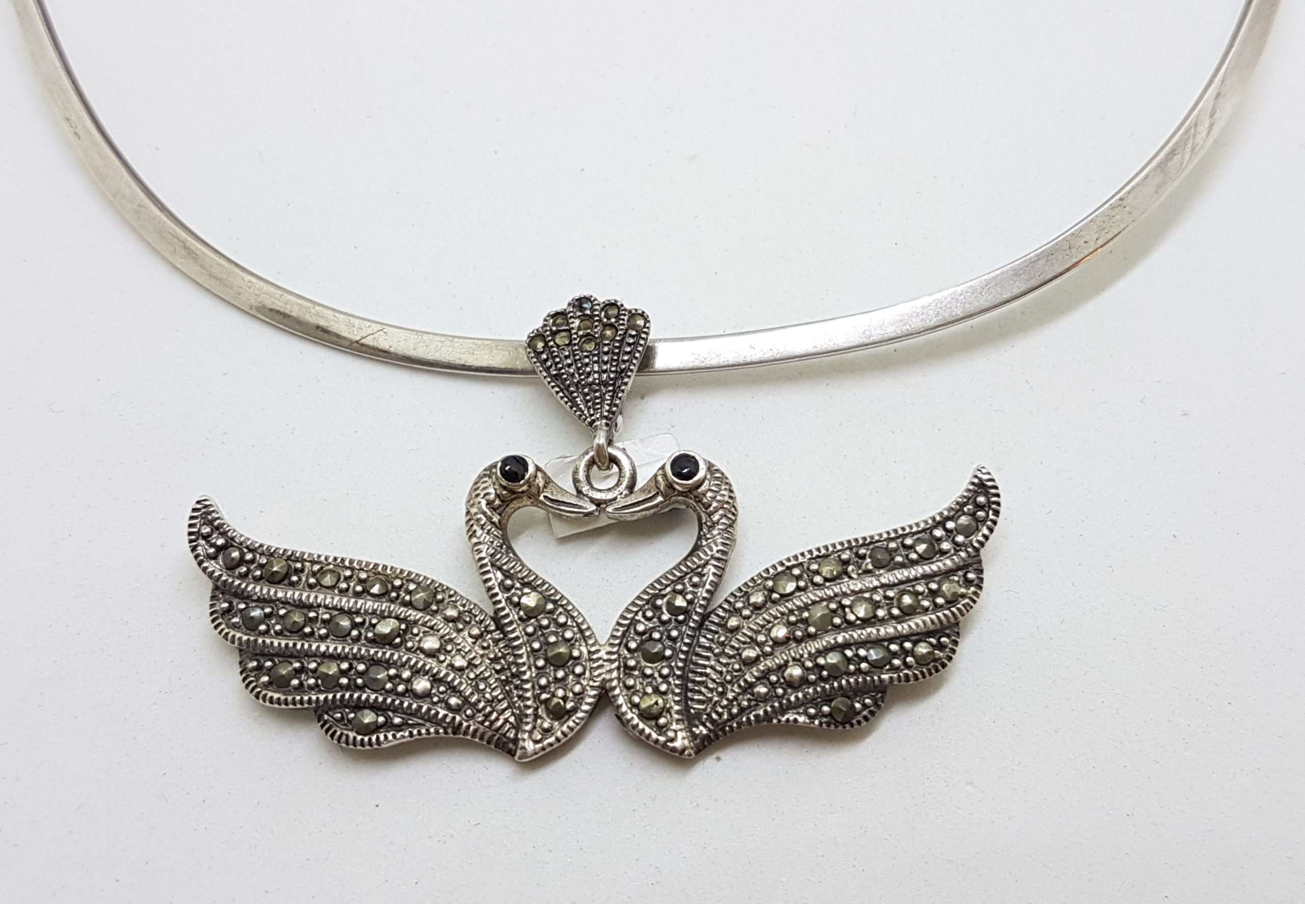 Sterling Silver Marcasite Two Swan Bird Pendant on Silver Choker