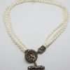 Sterling Silver Marcasite Circular T-Bar Clasp Pearl Strand Necklace / Chain