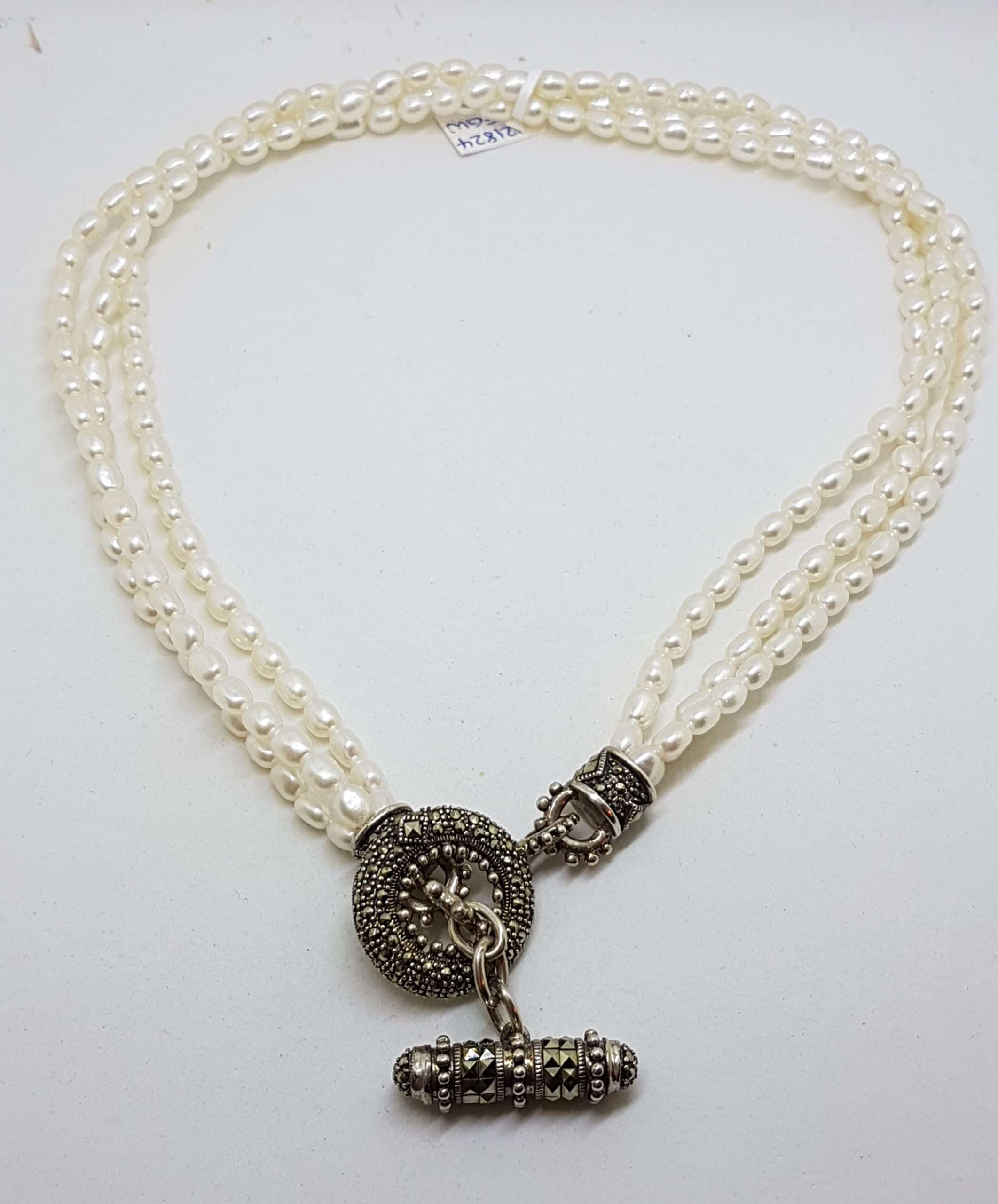 20200915_211709 Sterling Silver Marcasite Circular T-Bar Clasp Pearl Strand Necklace / Chain