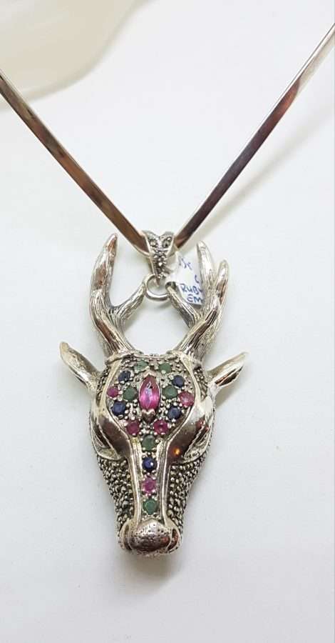 Sterling Silver Very Large Stag/Reindeer Head with Marcasite, Ruby, Sapphire and Emerald - Pendant on Silver Choker Chain / Necklace
