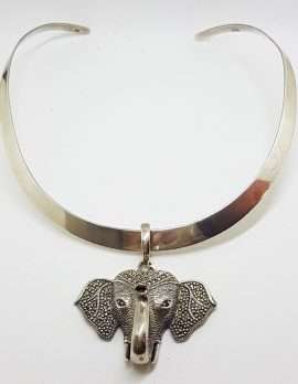 Sterling Silver Marcasite & Garnet Large Elephant Head Enhancer Pendant on Thick Silver Choker Chain / Necklace