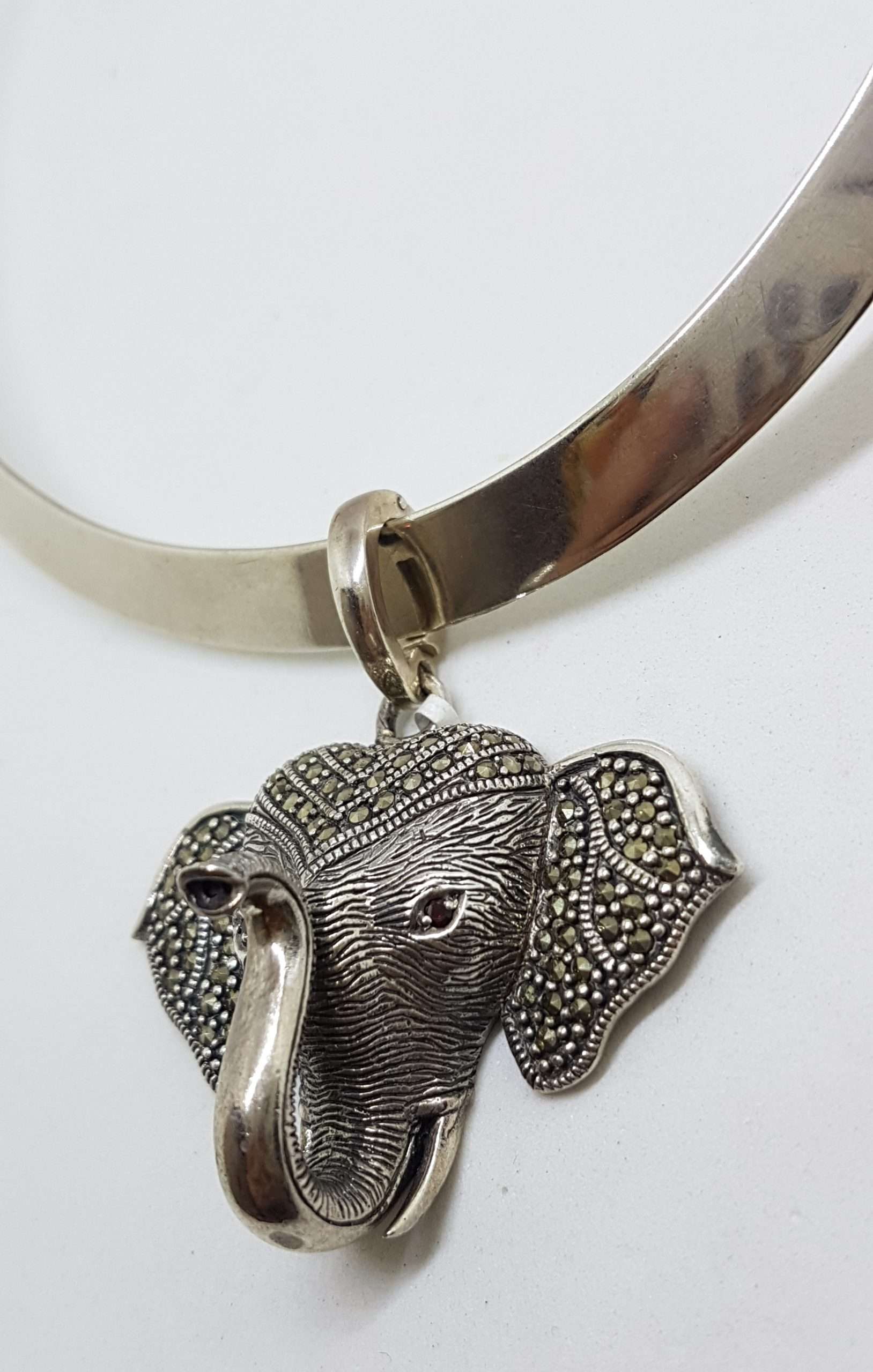 Sterling Silver Marcasite & Garnet Large Elephant Head Enhancer Pendant on Thick Silver Choker Chain / Necklace