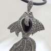 Sterling Silver Large Marcasite and Onyx Koi Fish Pendant on Neoprene Chain / Necklace