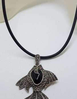 Sterling Silver Large Marcasite and Onyx Koi Fish Pendant on Neoprene Chain / Necklace