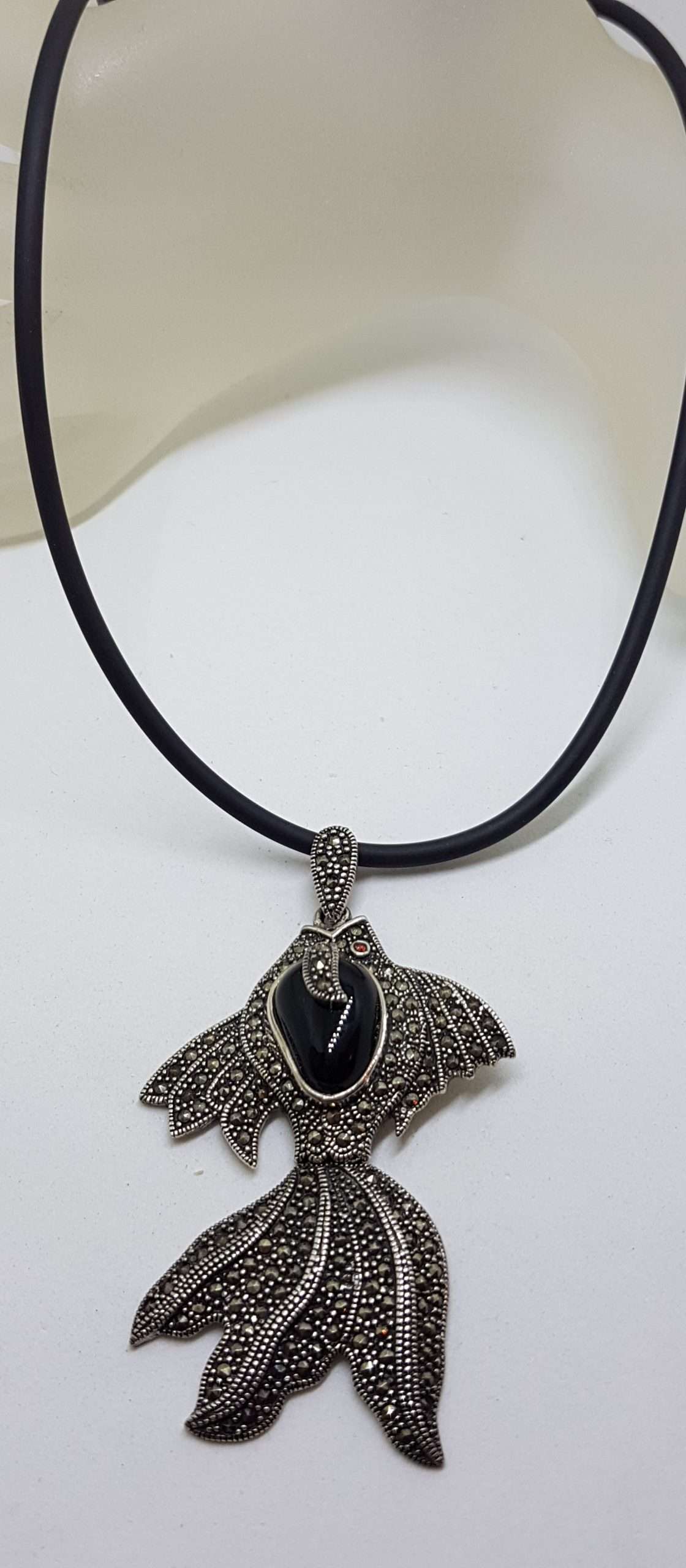Sterling Silver Large Marcasite and Onyx Koi Fish Pendant on Neoprene Chain / Necklace
