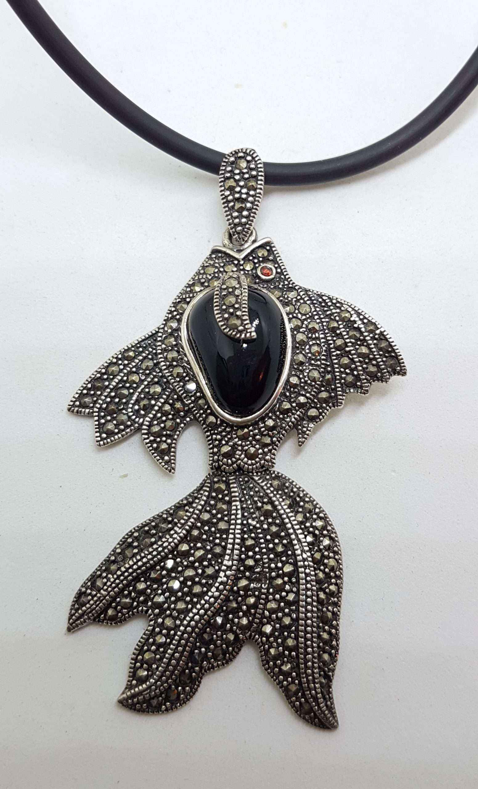 Sterling Silver Large Marcasite and Onyx Koi Fish Pendant on Neoprene Chain / Necklace