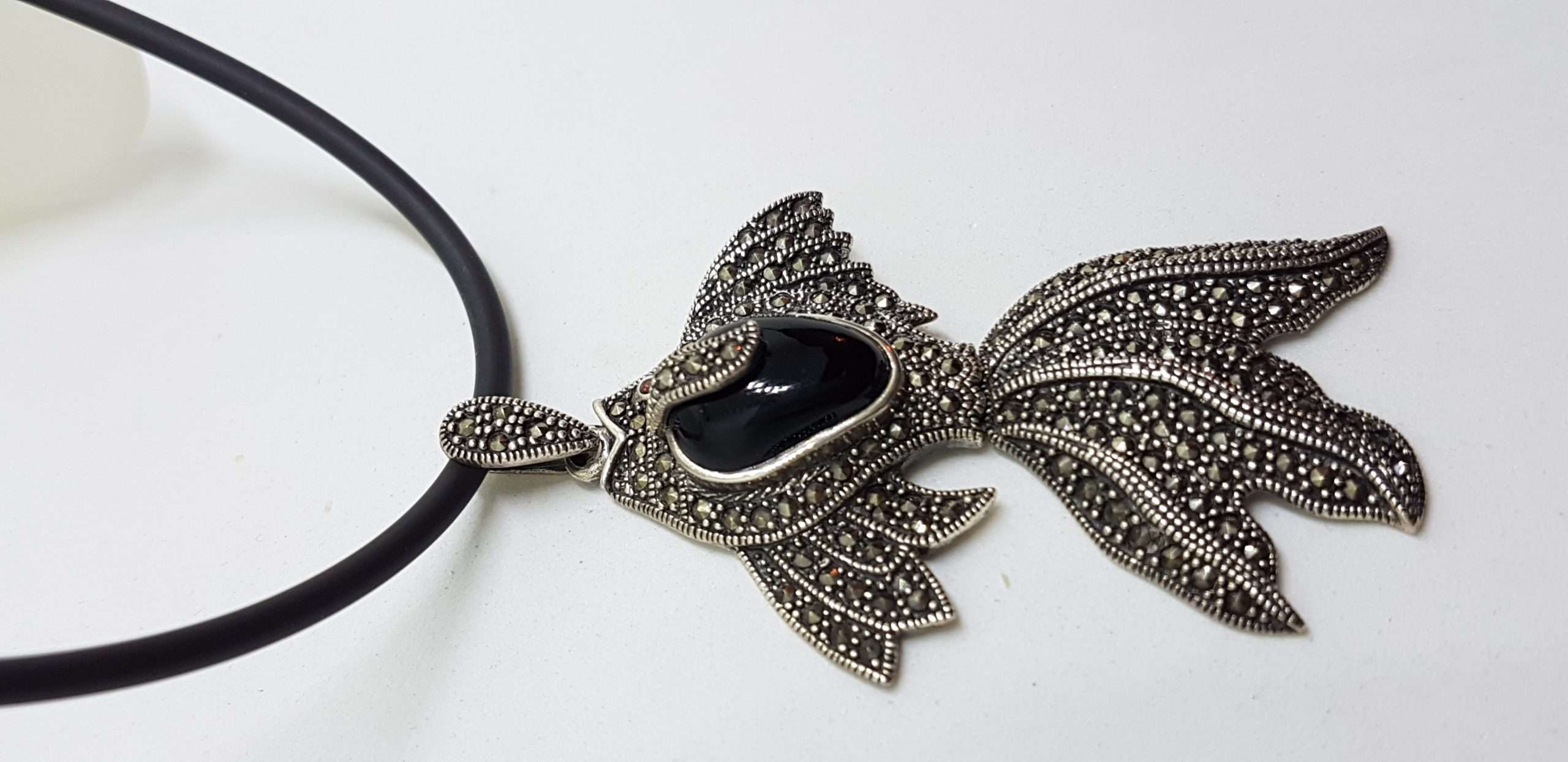 Sterling Silver Large Marcasite and Onyx Koi Fish Pendant on Neoprene Chain / Necklace