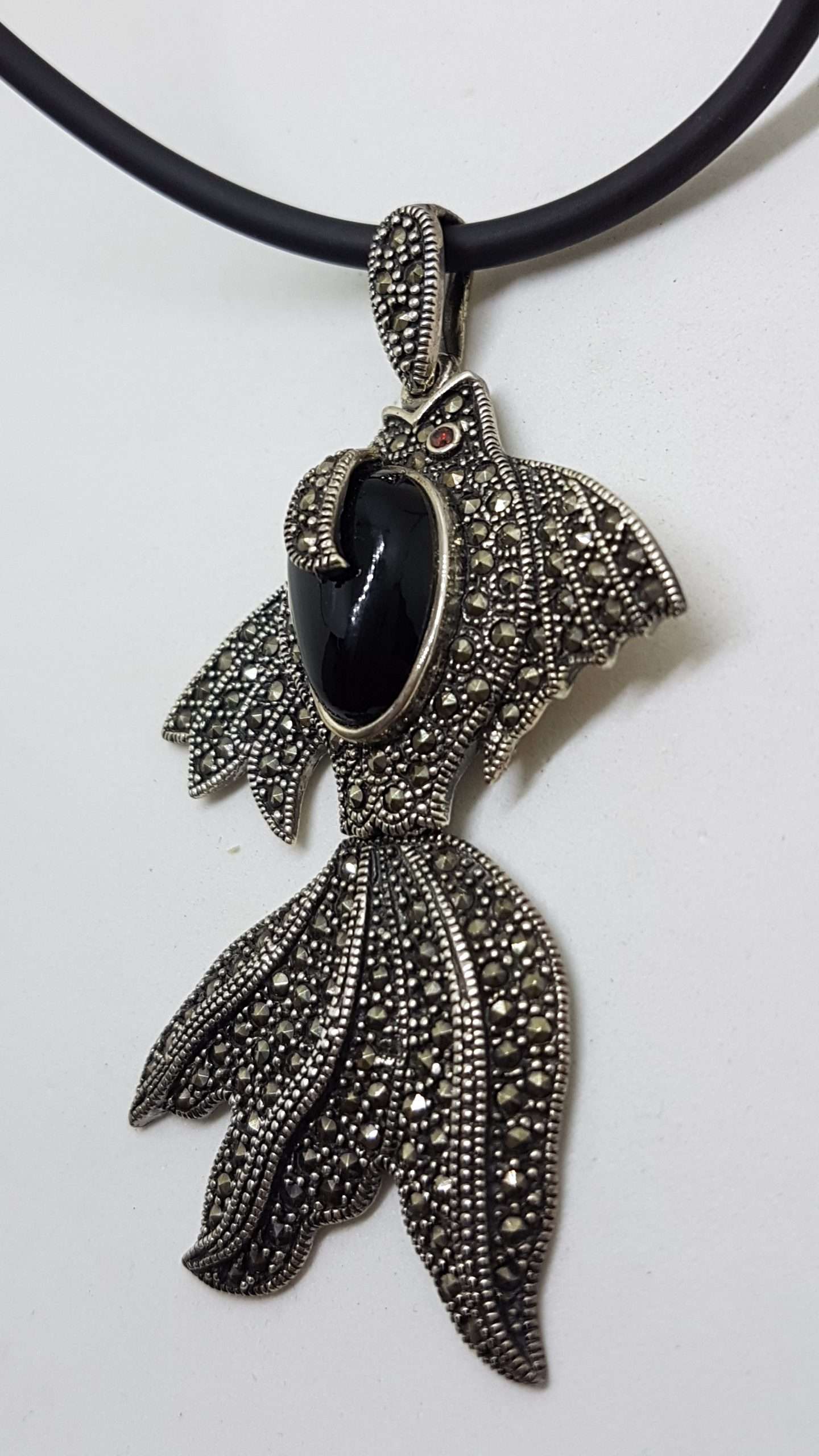 Sterling Silver Large Marcasite and Onyx Koi Fish Pendant on Neoprene Chain / Necklace