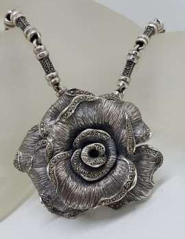 Sterling Silver Very Large Marcasite Rose Flower Pendant on Heavy Silver Marcasite Chain / Necklace