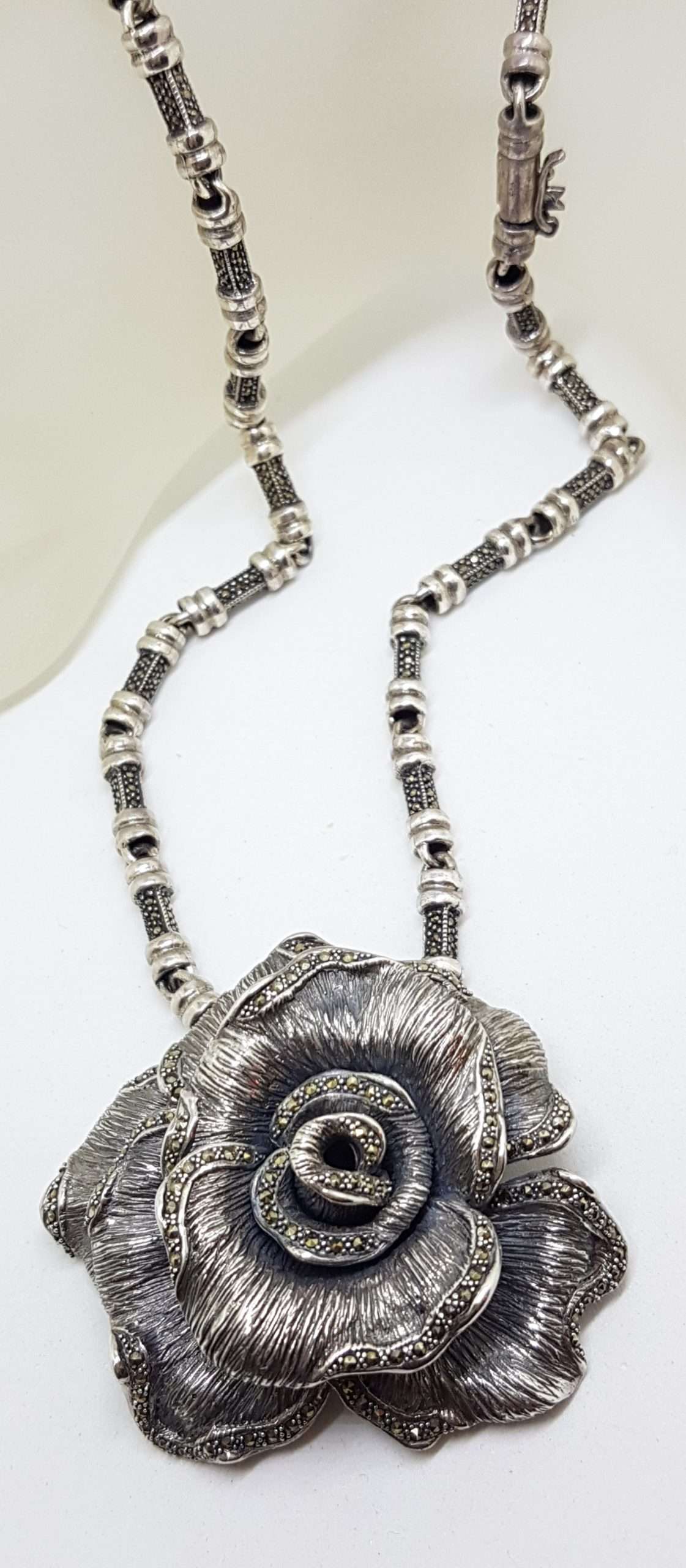 20200916_072436 Sterling Silver Very Large Marcasite Rose Flower Pendant on Heavy Silver Marcasite Chain / Necklace