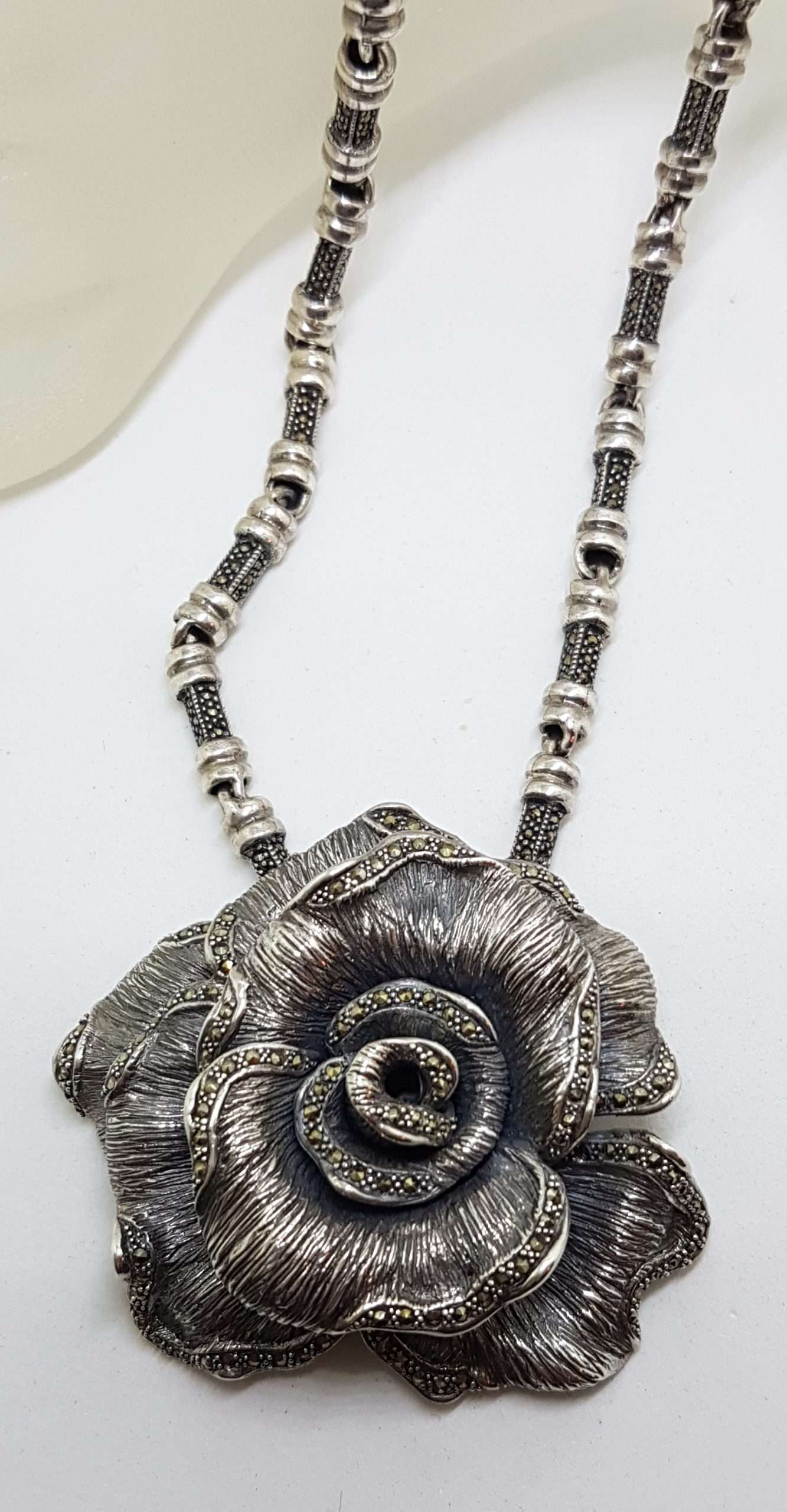 20200916_072510 Sterling Silver Very Large Marcasite Rose Flower Pendant on Heavy Silver Marcasite Chain / Necklace