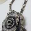 Sterling Silver Very Large Marcasite Rose Flower Pendant on Heavy Silver Marcasite Chain / Necklace