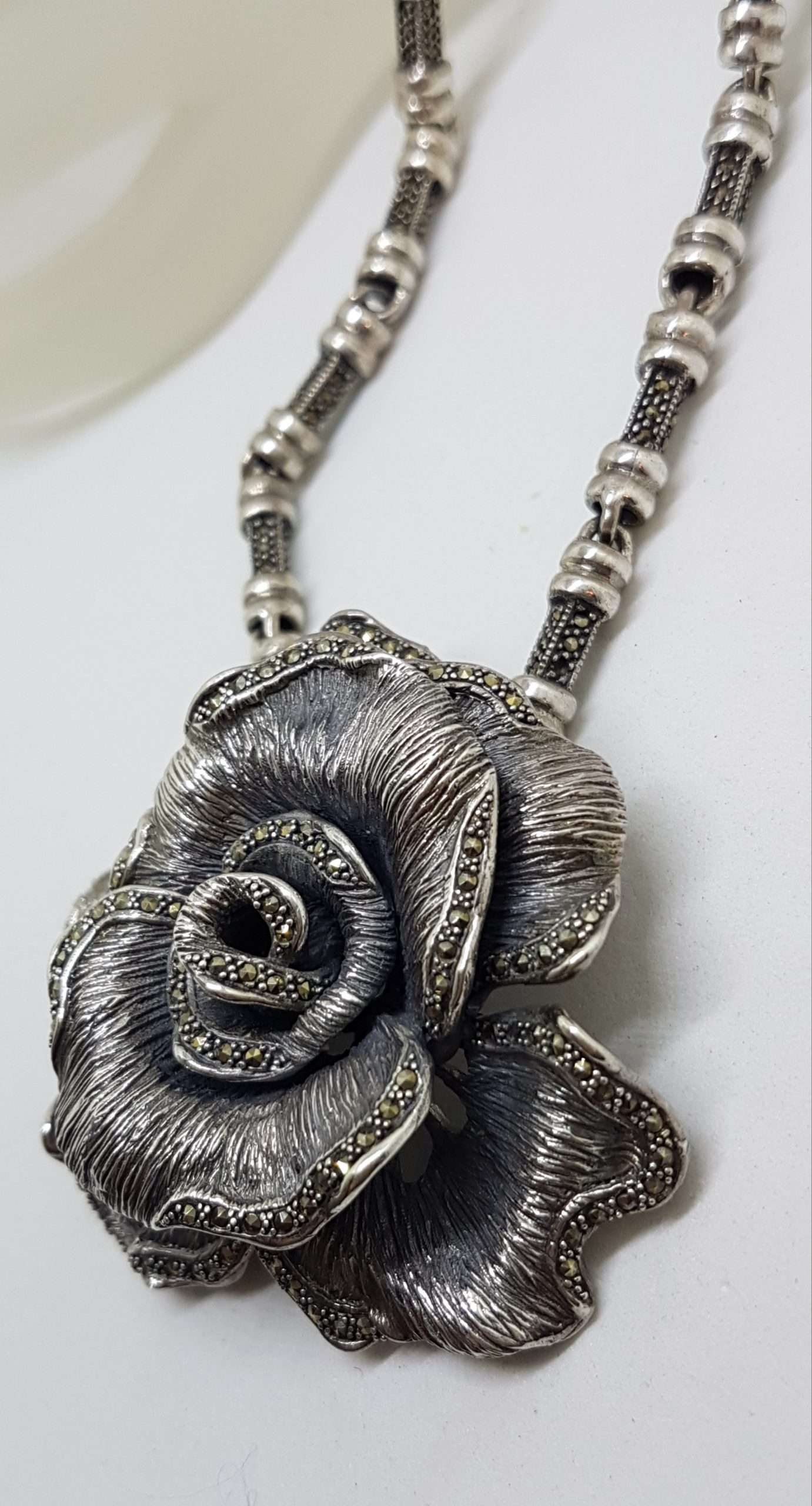 20200916_072524 Sterling Silver Very Large Marcasite Rose Flower Pendant on Heavy Silver Marcasite Chain / Necklace
