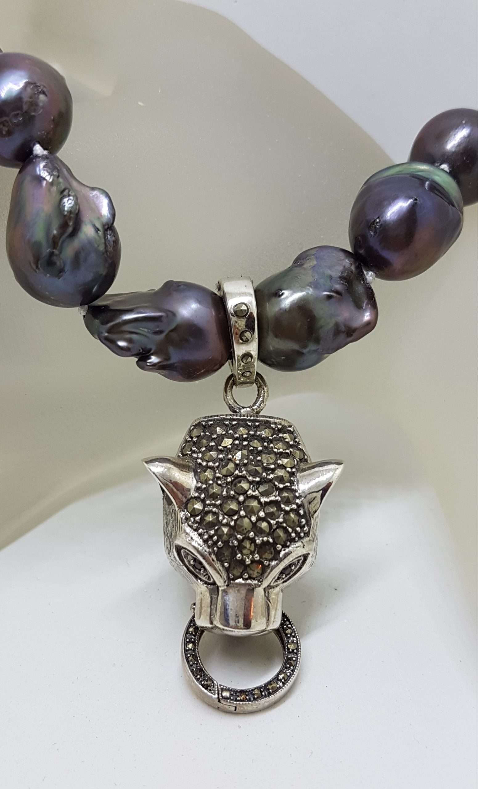 20200916_072552 Sterling Silver Large Marcasite Puma / Cat / Panther / Leopard Head Pendant on Thick Black Baroque Pearl Chain / Necklace