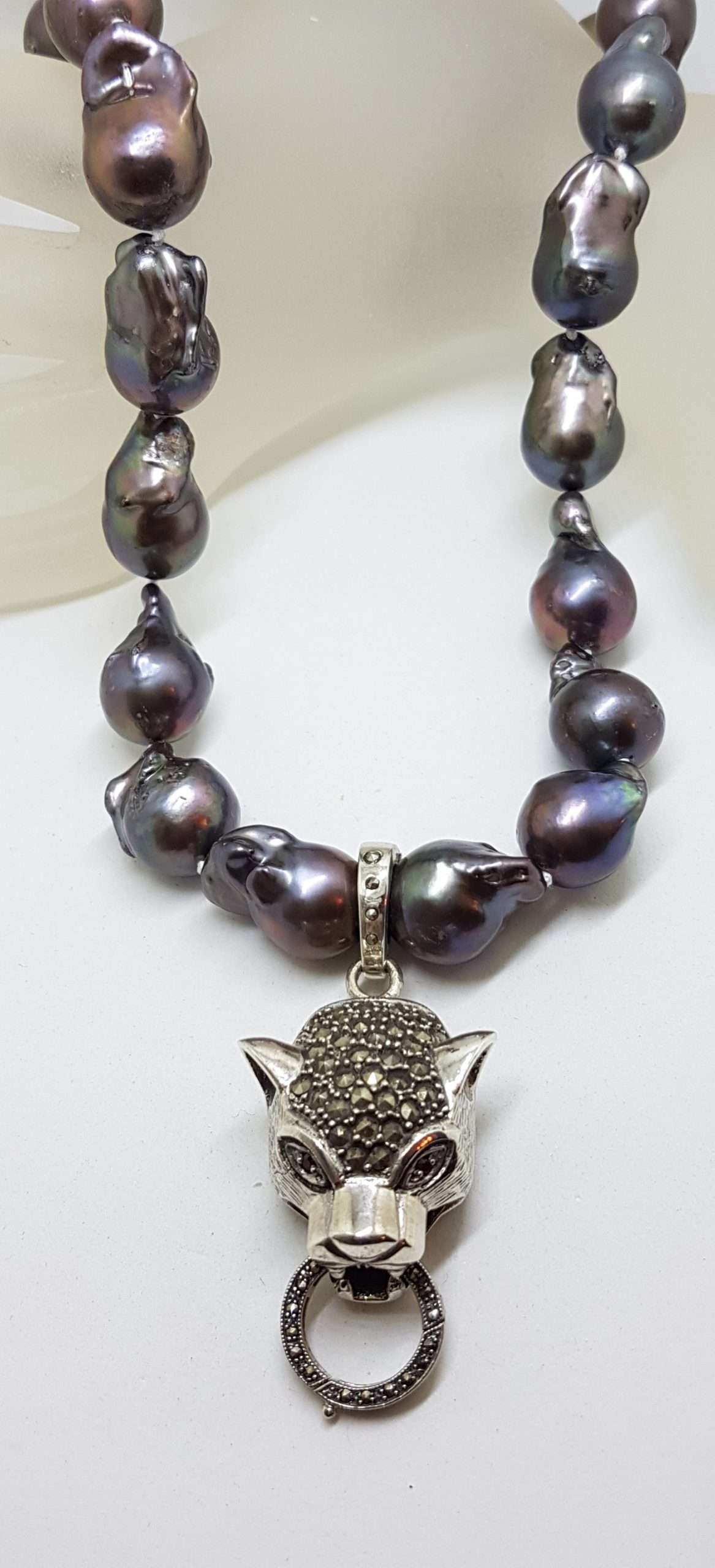20200916_072608 Sterling Silver Large Marcasite Puma / Cat / Panther / Leopard Head Pendant on Thick Black Baroque Pearl Chain / Necklace