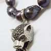 Sterling Silver Large Marcasite Puma / Cat / Panther / Leopard Head Pendant on Thick Black Baroque Pearl Chain / Necklace