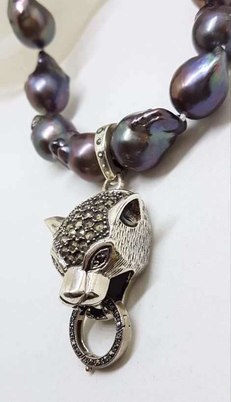 Sterling Silver Large Marcasite Puma / Cat / Panther / Leopard Head Pendant on Thick Black Baroque Pearl Chain / Necklace