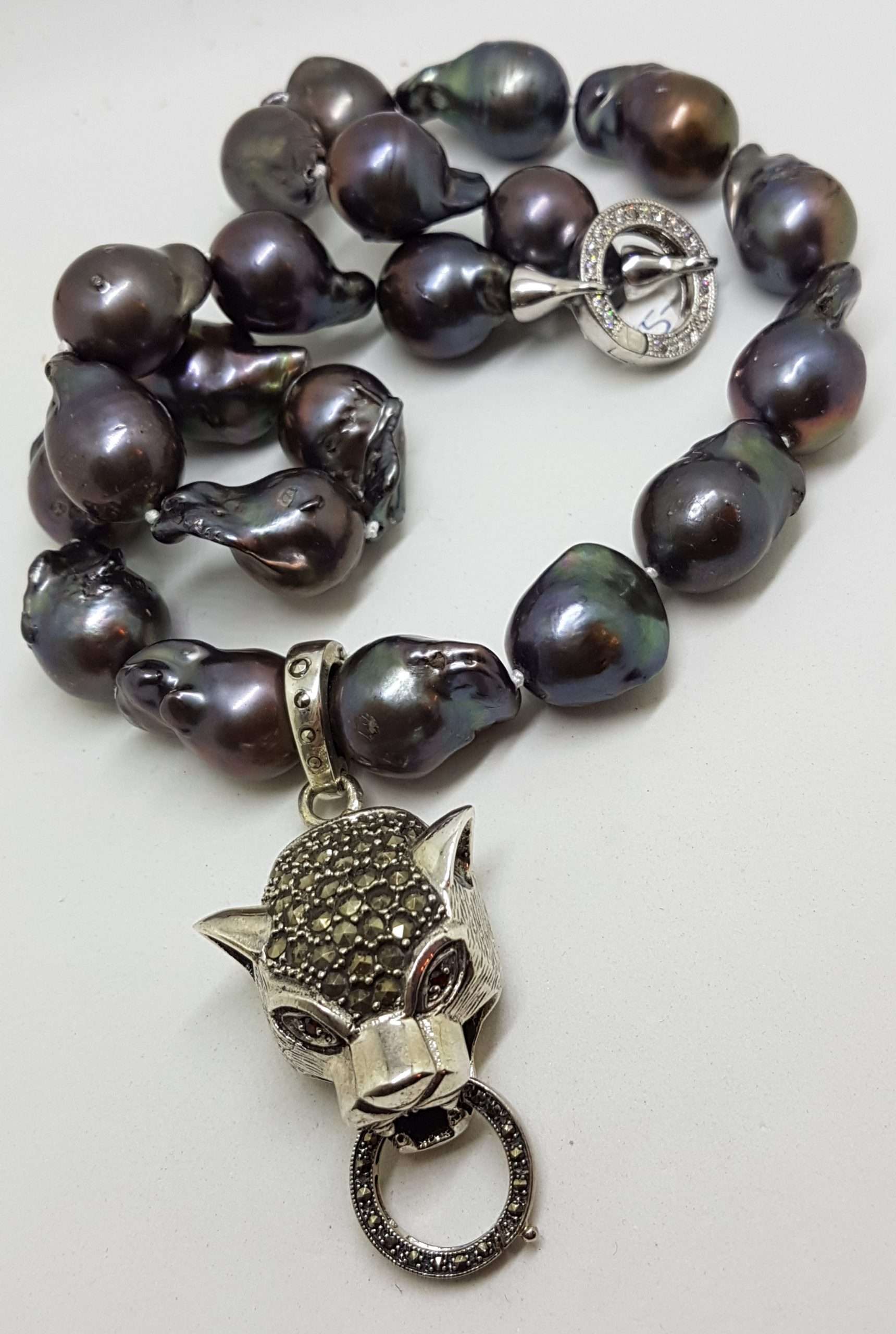 20200916_072636 Sterling Silver Large Marcasite Puma / Cat / Panther / Leopard Head Pendant on Thick Black Baroque Pearl Chain / Necklace