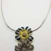 Sterling Silver Marcasite and Enamel Large Flower Pendant on Silver Choker
