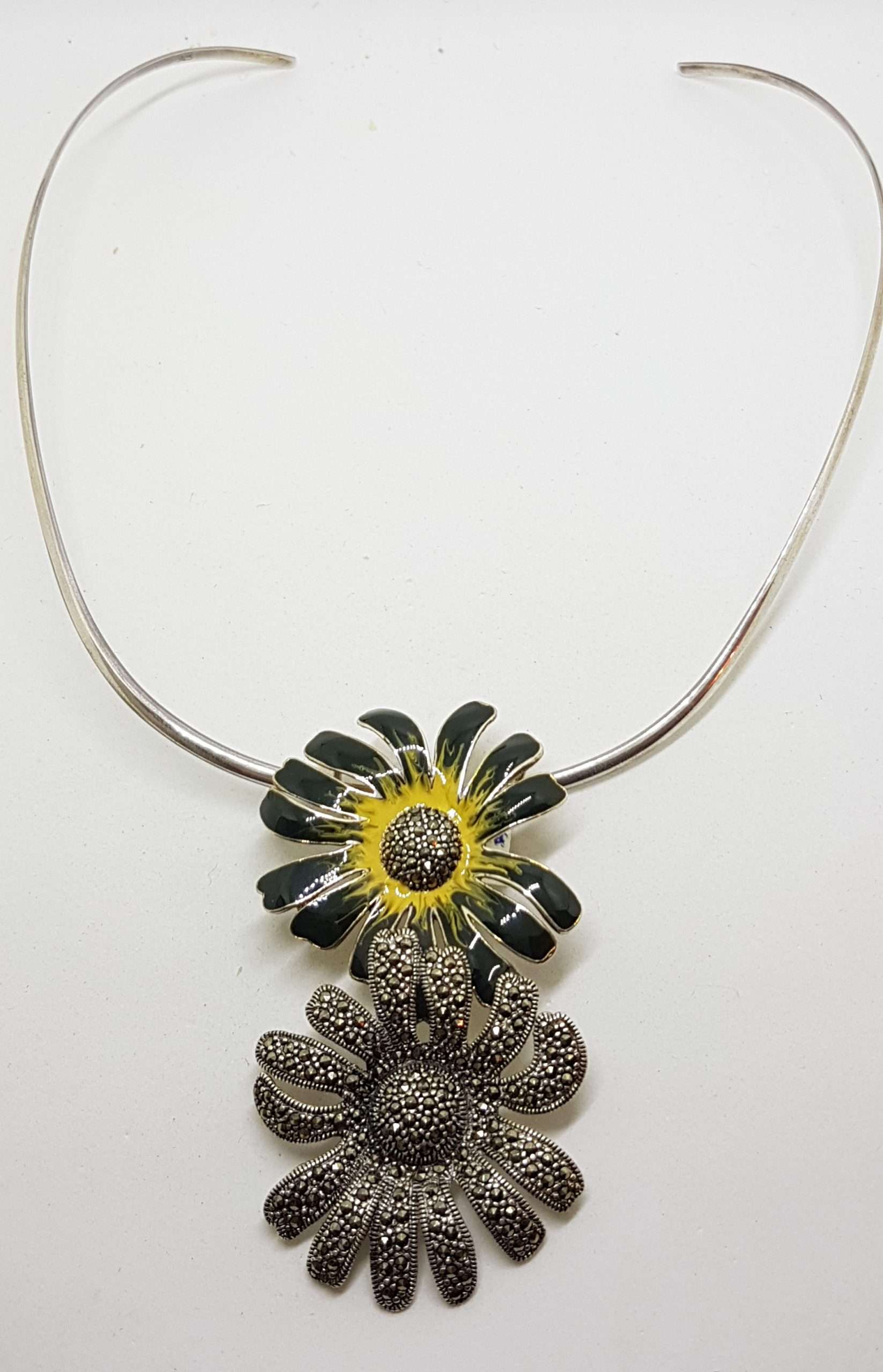 20200916_072652 Sterling Silver Marcasite and Enamel Large Flower Pendant on Silver Choker